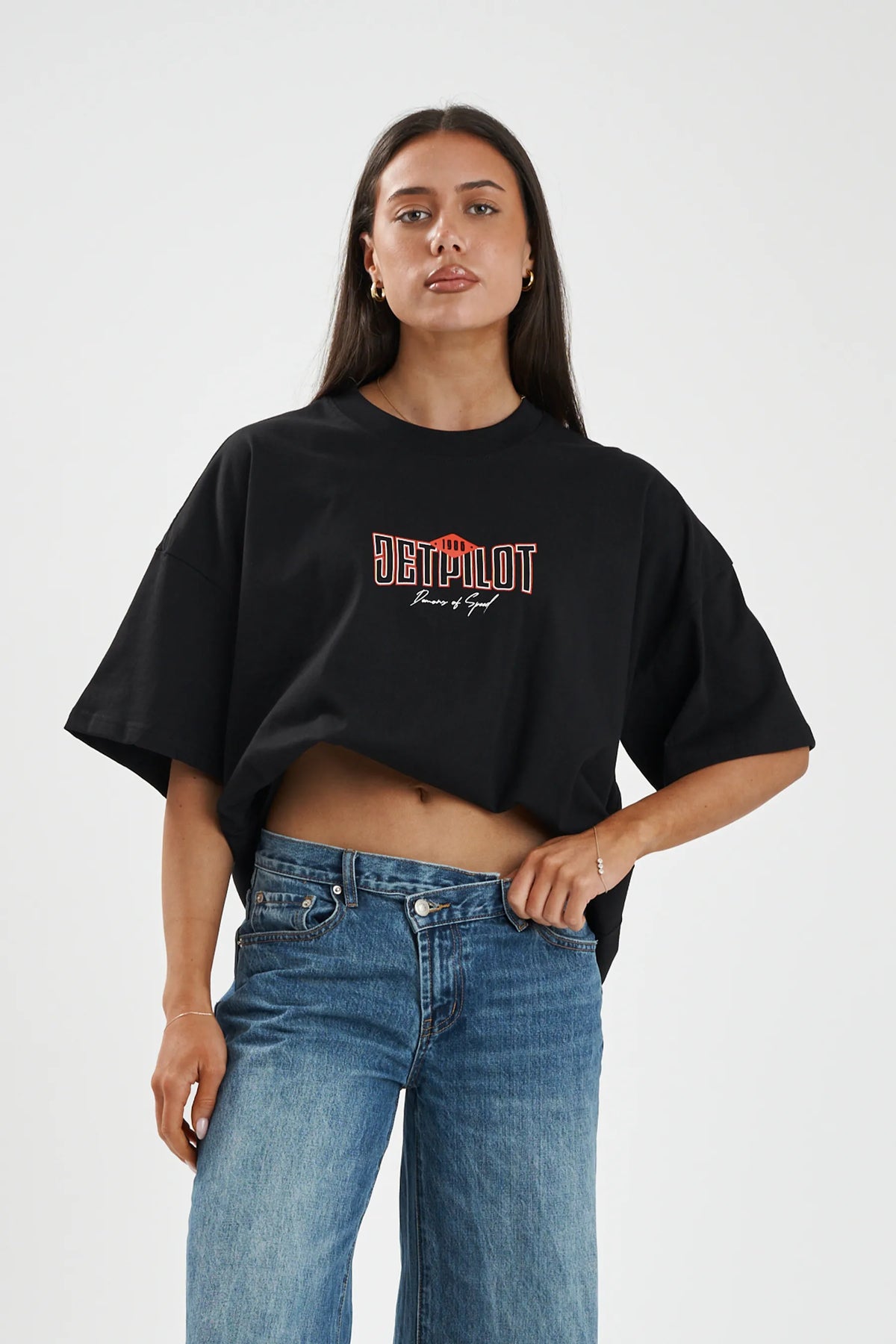 Jetpilot Demons Of Speed mens oversized graphic tee in Black/Red — front view on a female model