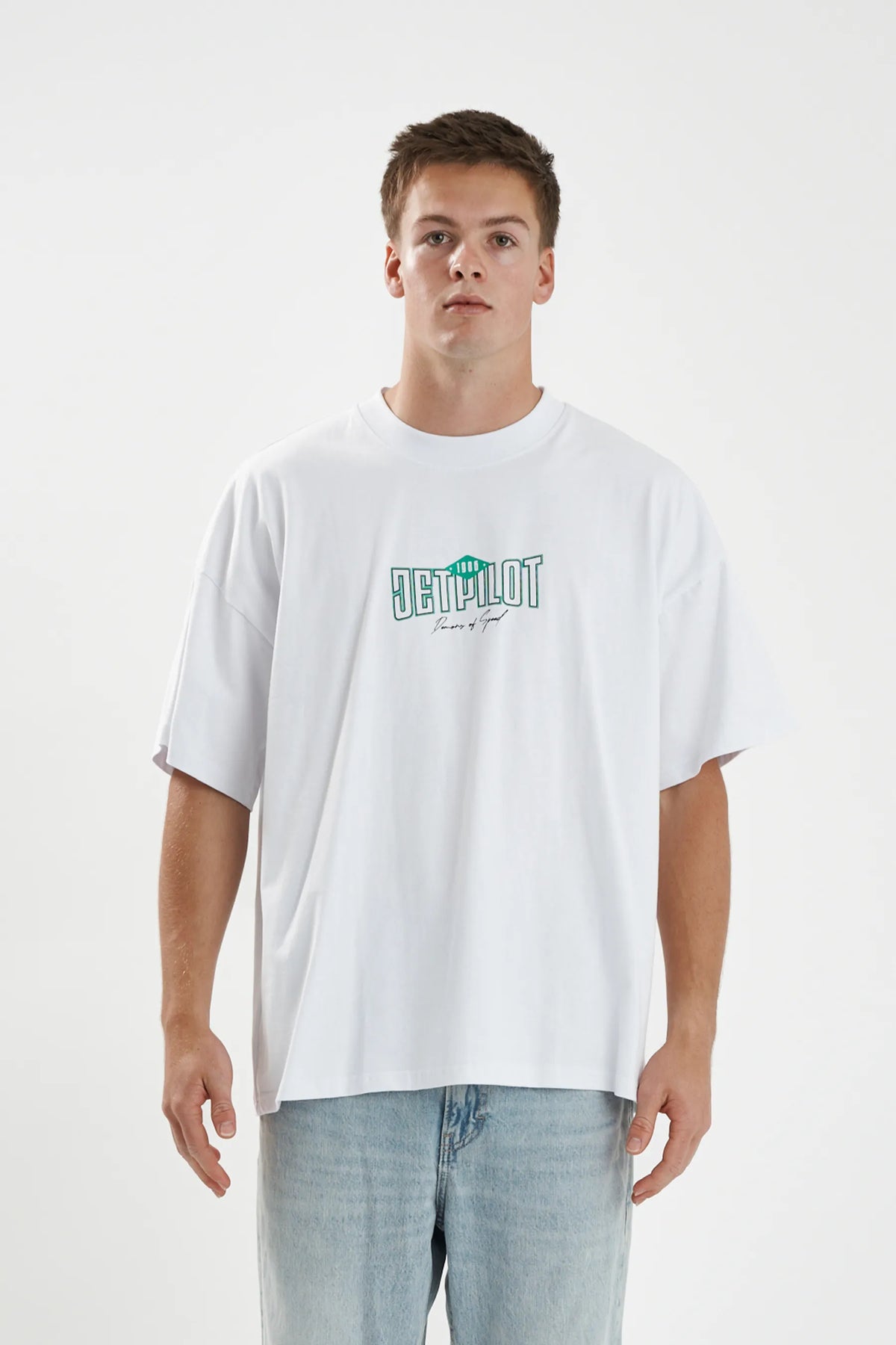 Jetpilot Demons Of Speed mens oversized graphic tee in White — front view on a male model
