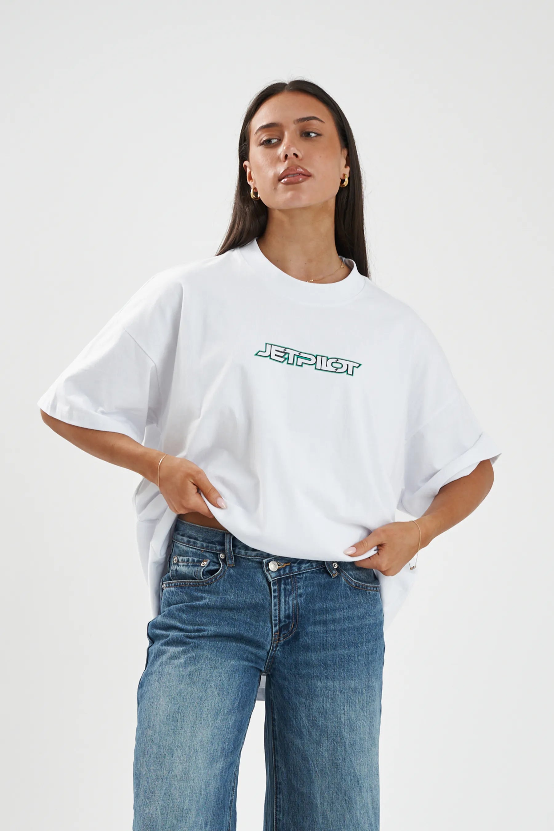 Jetpilot Stocked Up Spinal mens oversized graphic tee in White — front view on a female model