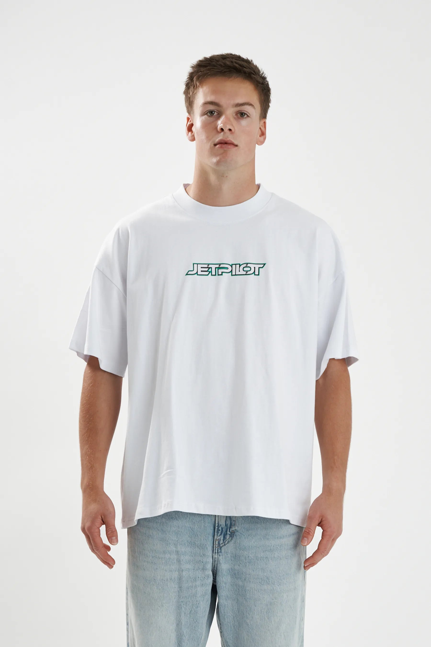 Jetpilot Stocked Up Spinal mens oversized graphic tee in White — front view on a male model