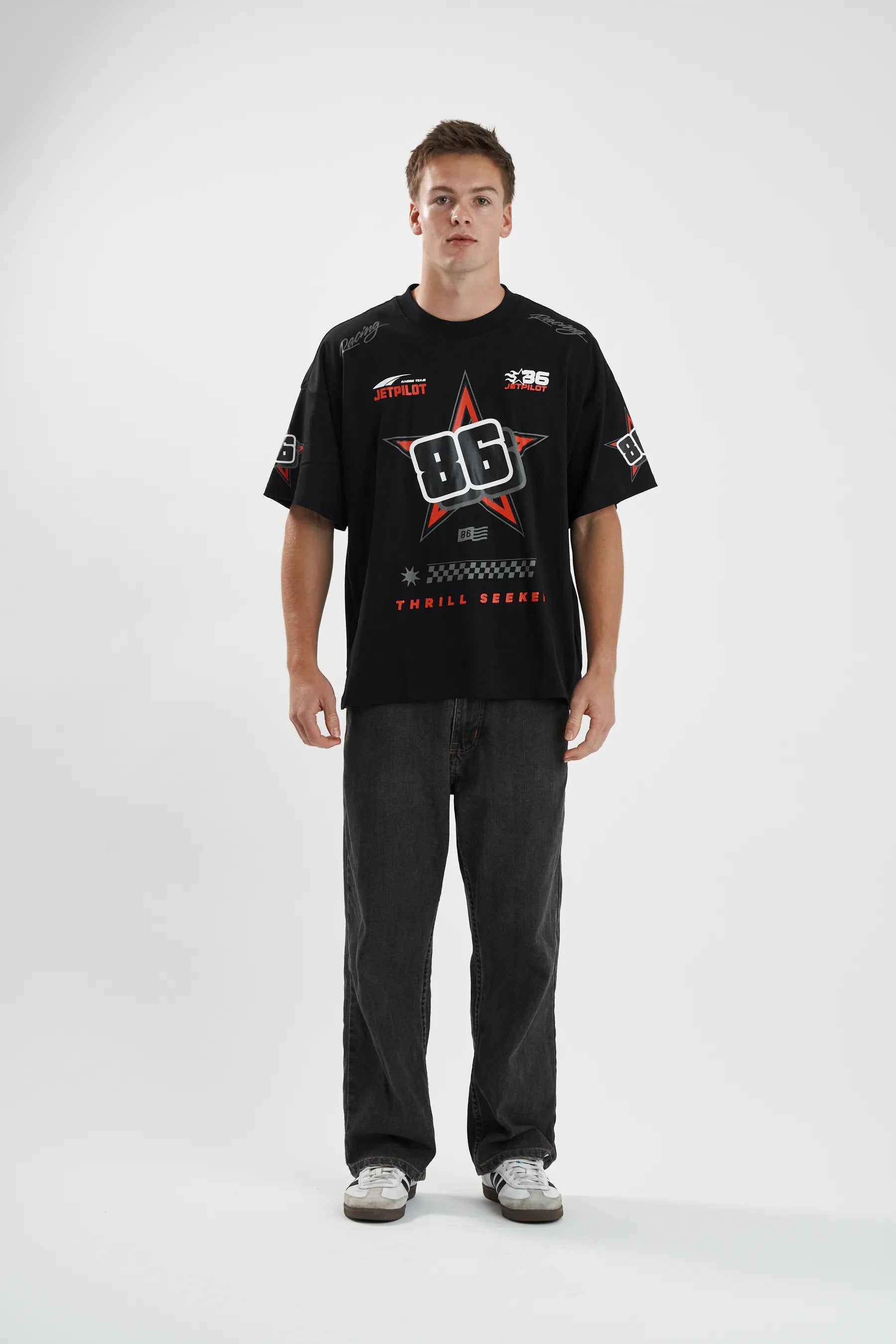 Jetpilot Race Fan mens oversized graphic tee in Black/Red — view 2 of 6