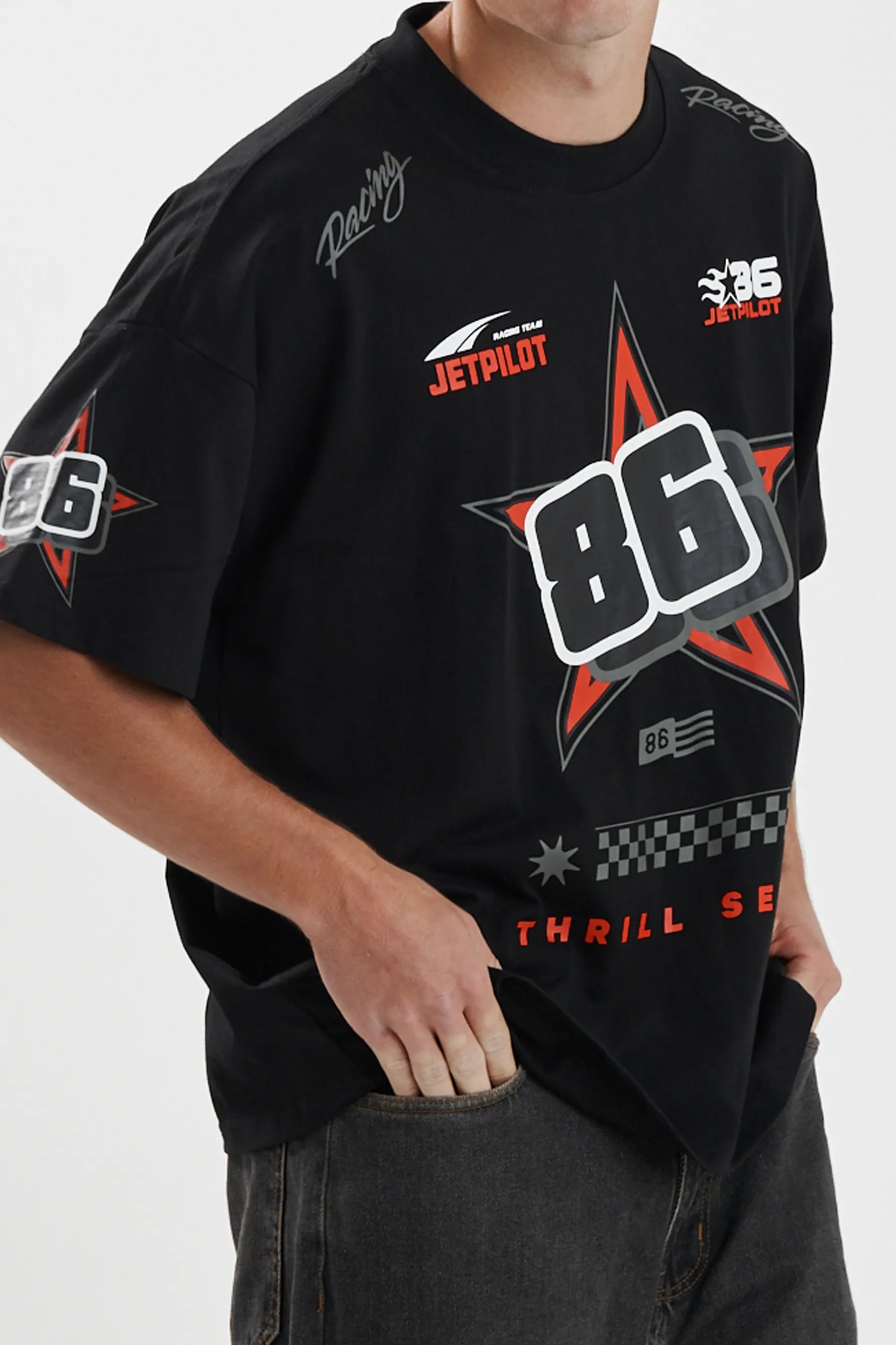 Jetpilot Race Fan mens oversized graphic tee in Black/Red — view 6 of 6