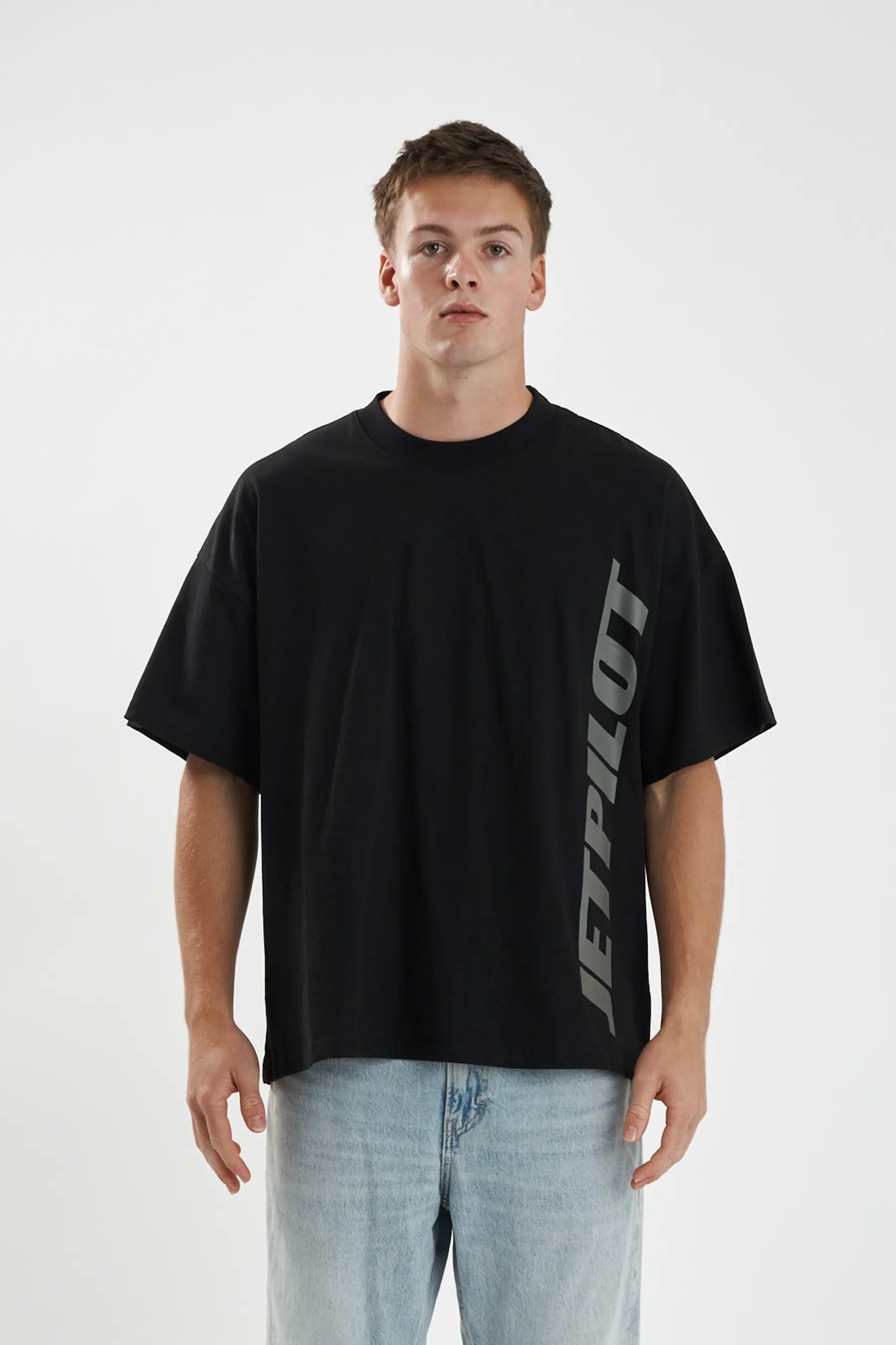 Jetpilot Seekers mens oversized graphic tee in Black — front view on a male model