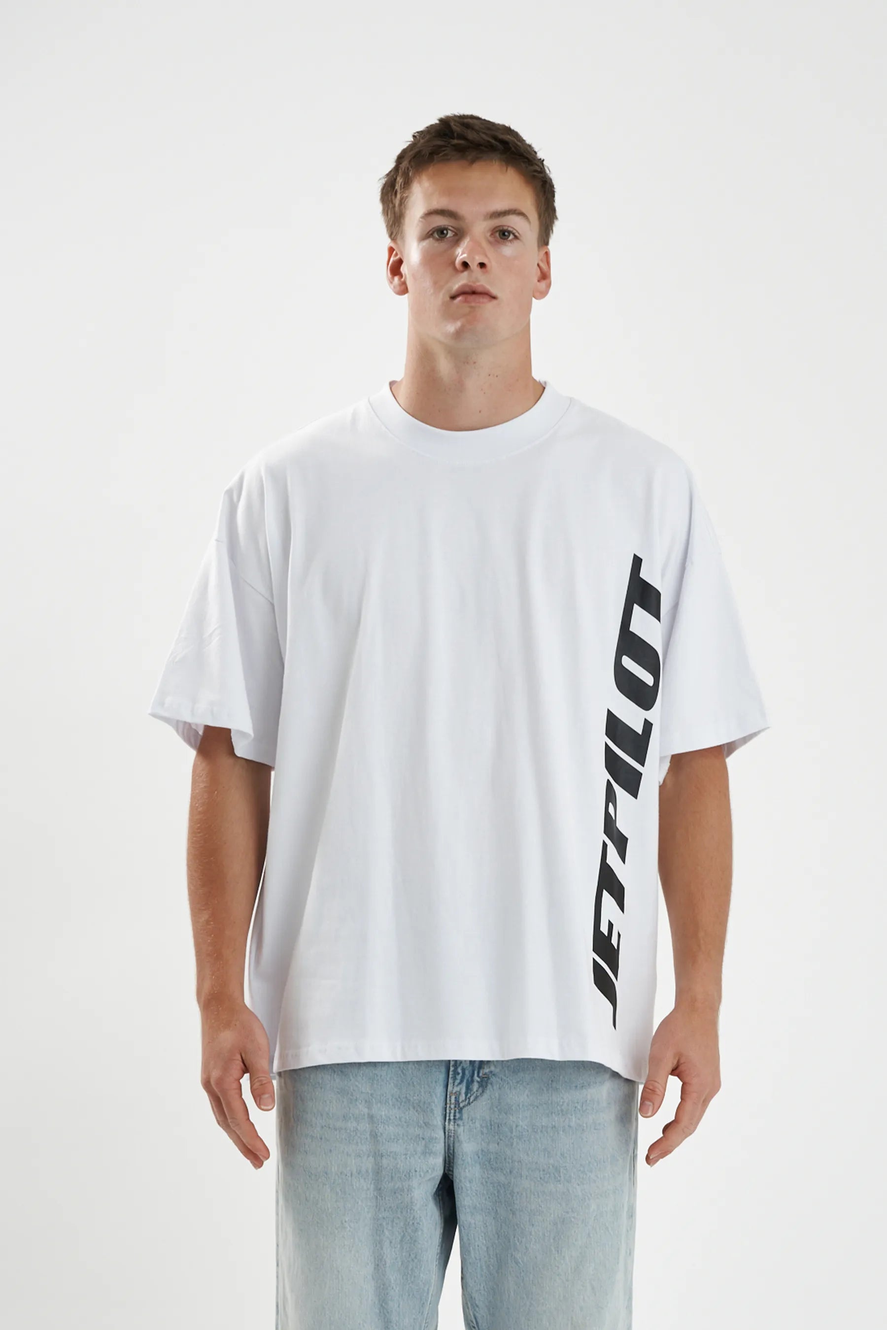 Jetpilot Seekers mens oversized graphic tee in White — front view on a male model