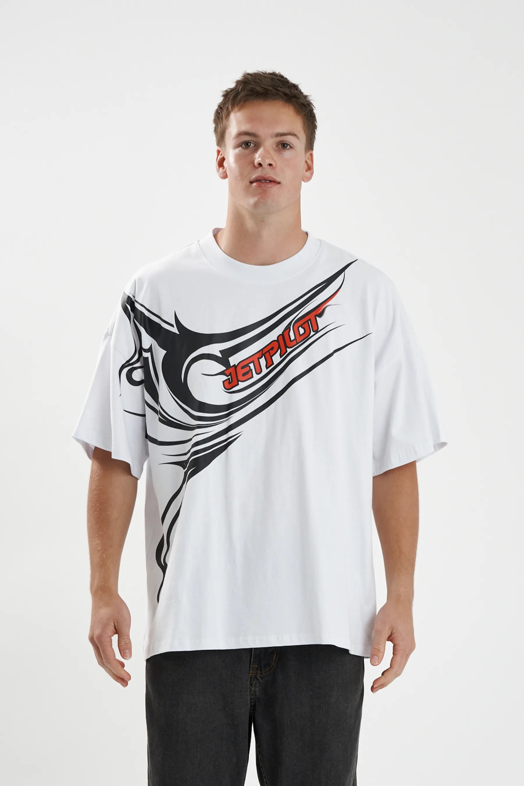 Jetpilot Sinister mens oversized graphic tee in White — front view on a male model