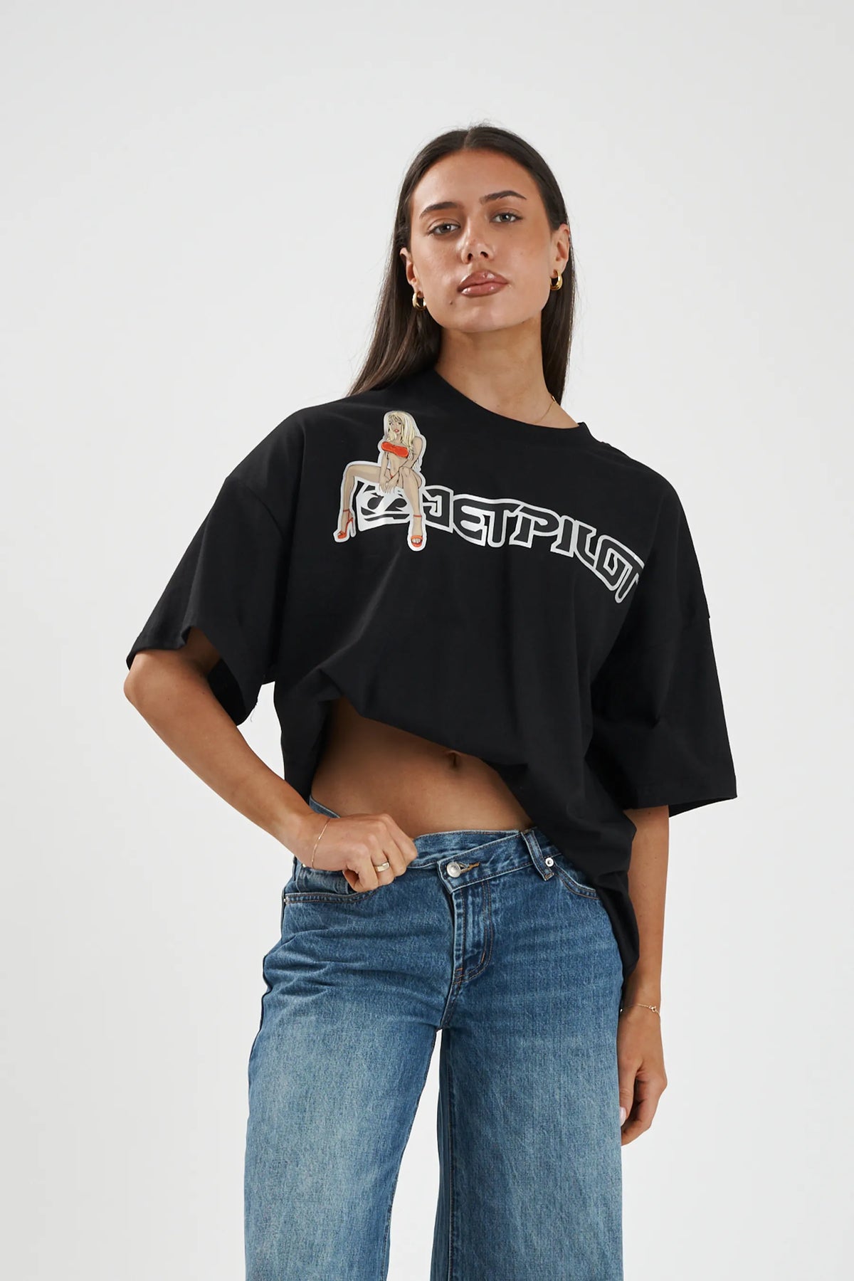Jetpilot Double D mens oversized graphic tee in Black — front view on a female model