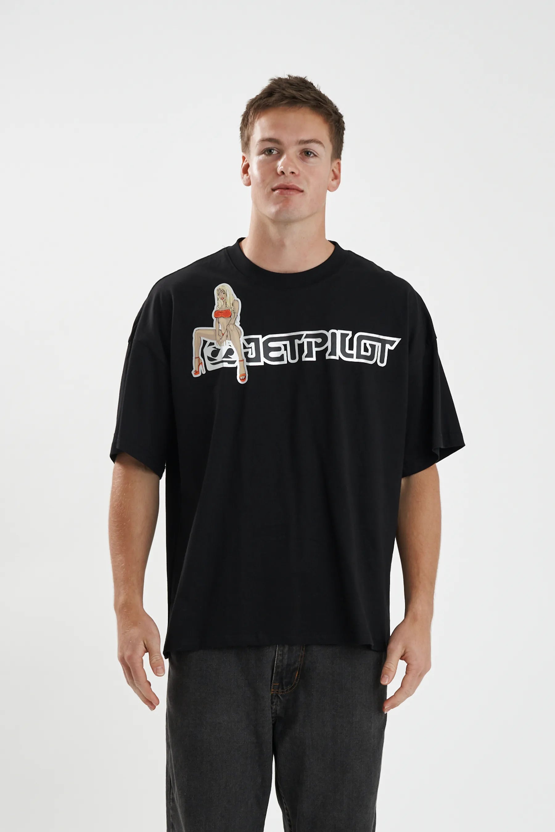 Jetpilot Double D mens oversized graphic tee in Black — front view on a male model