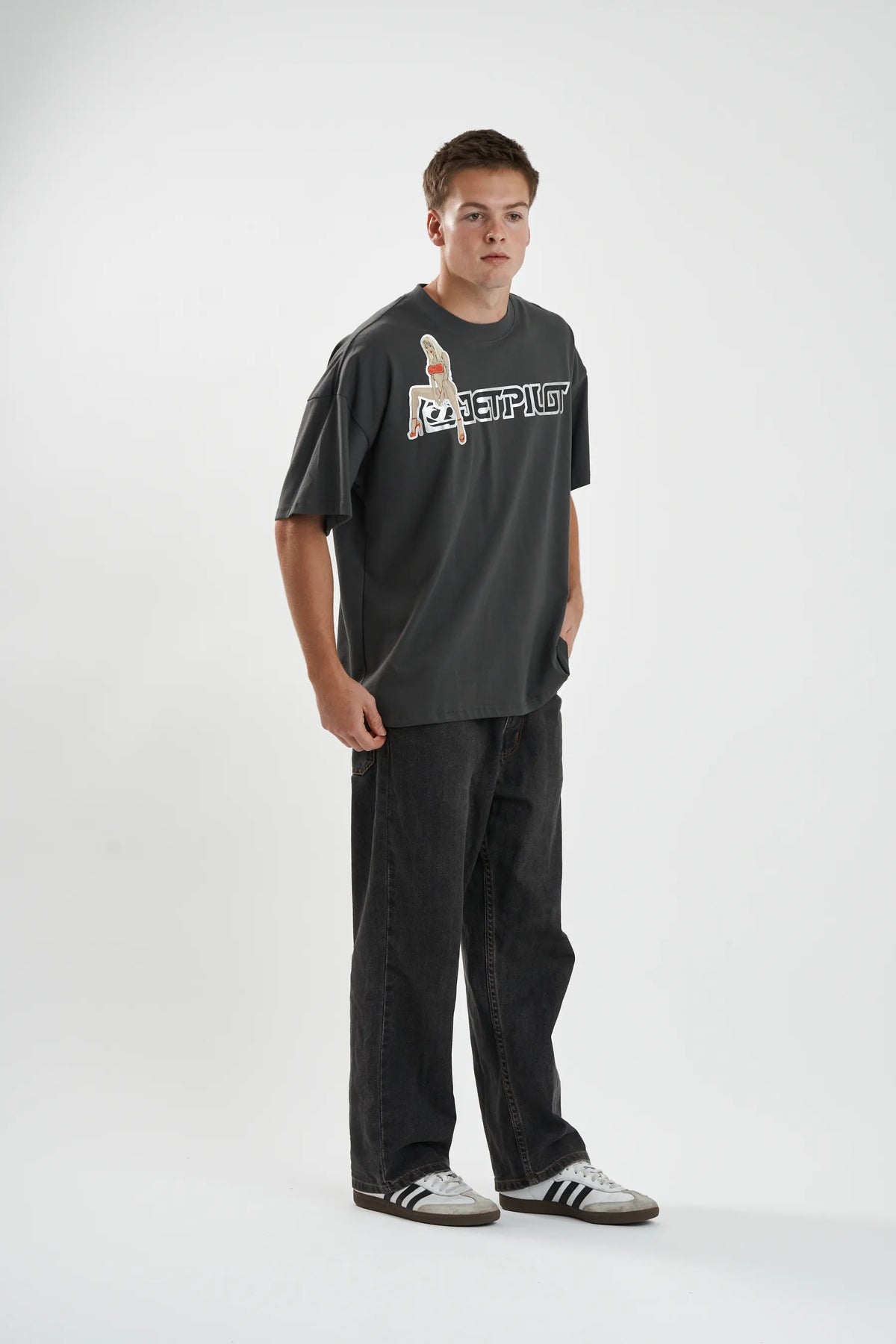 Jetpilot Double D mens oversized graphic tee in Grey — view 5 of 6