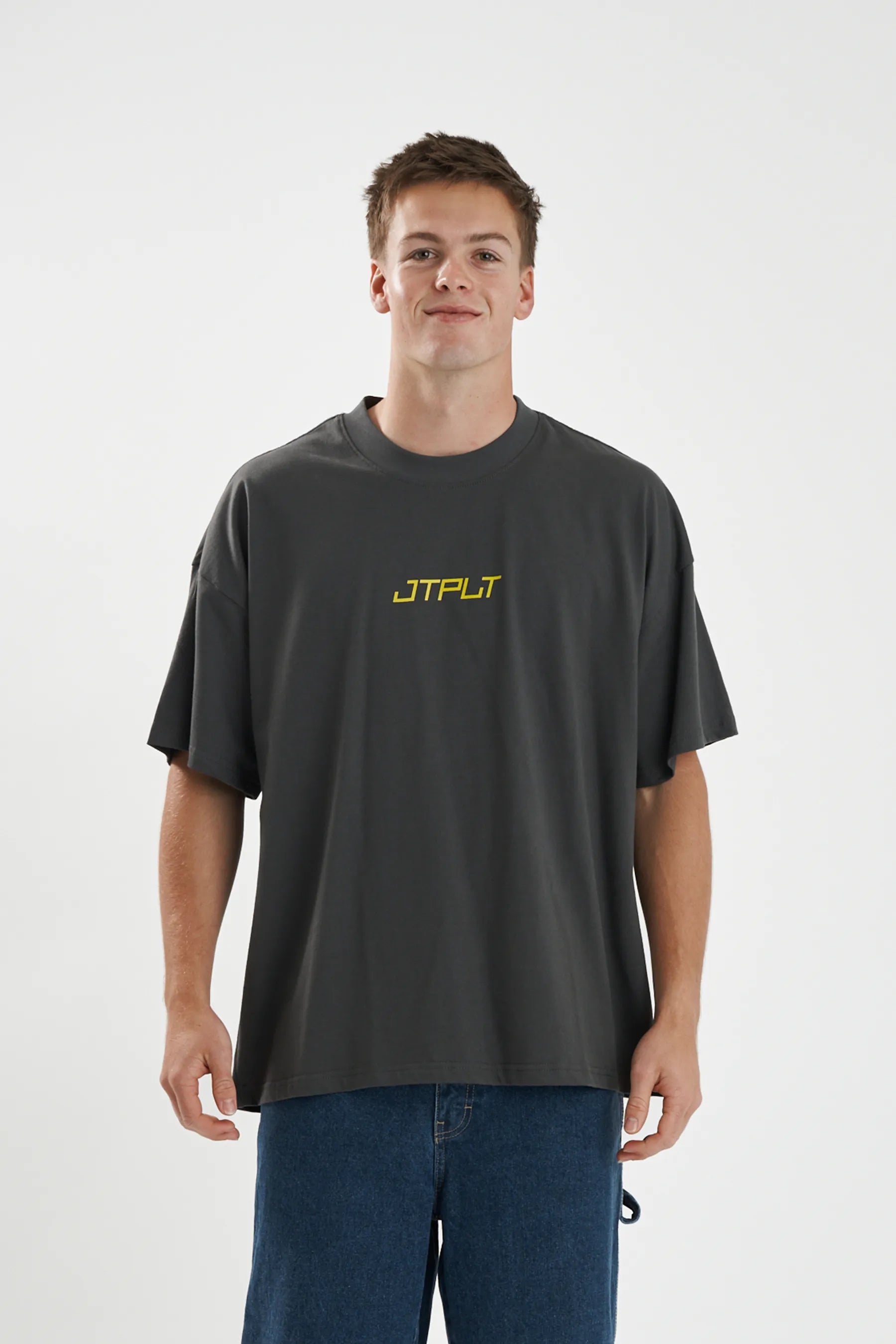 Jetpilot Vault Core mens oversized graphic tee in Grey — front view on a male model