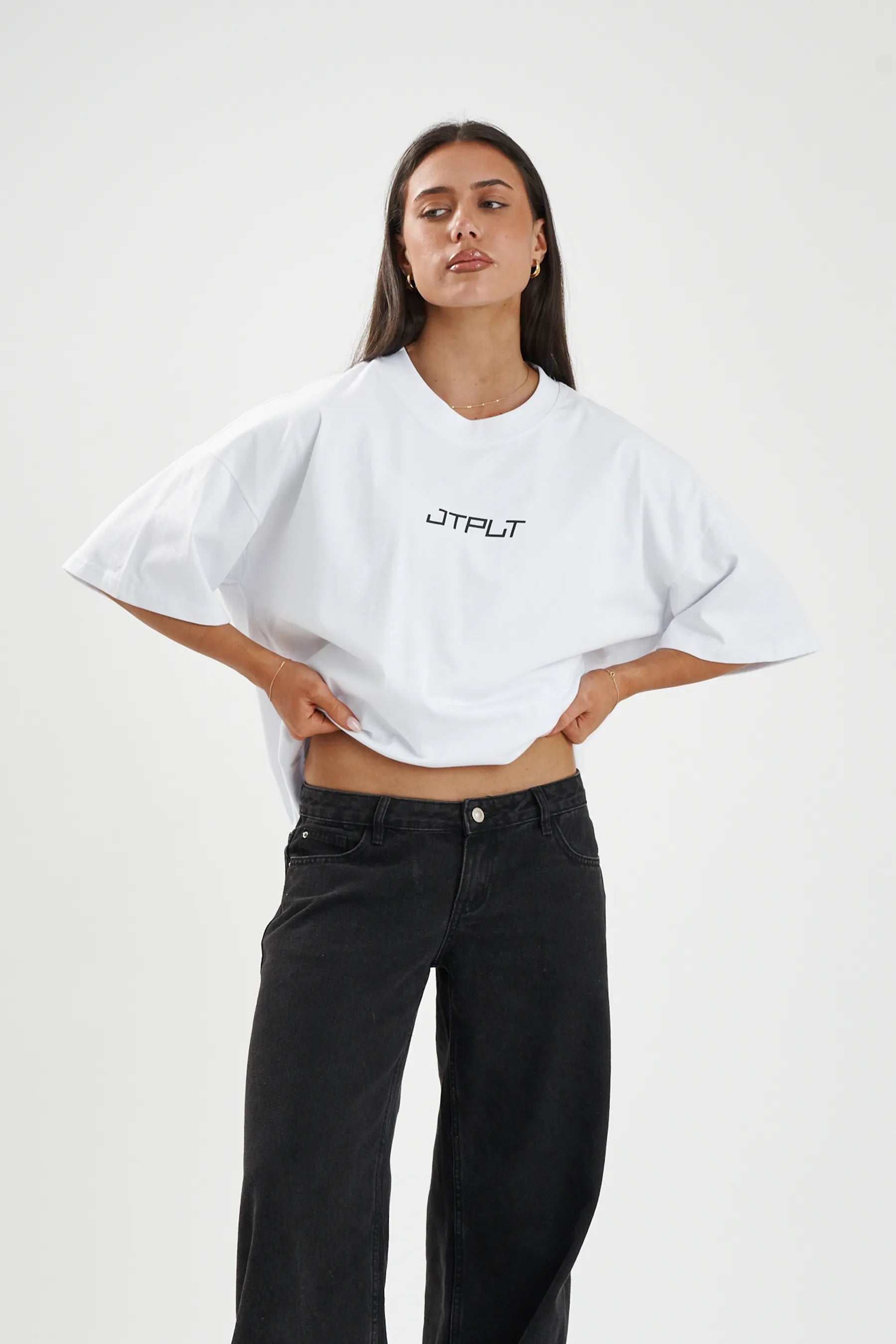 Jetpilot Vault Core mens oversized graphic tee in White — front view on a female model