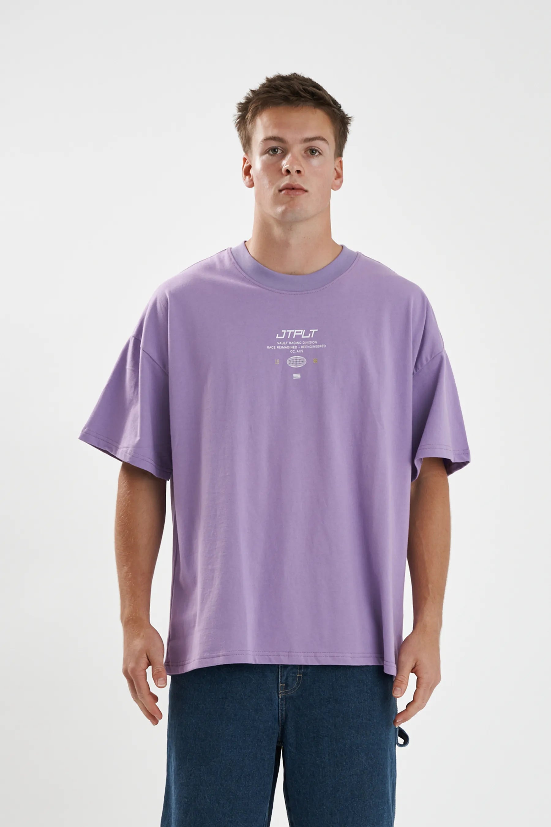 Jetpilot Vault Tech mens oversized graphic tee in Purple — front view on a male model