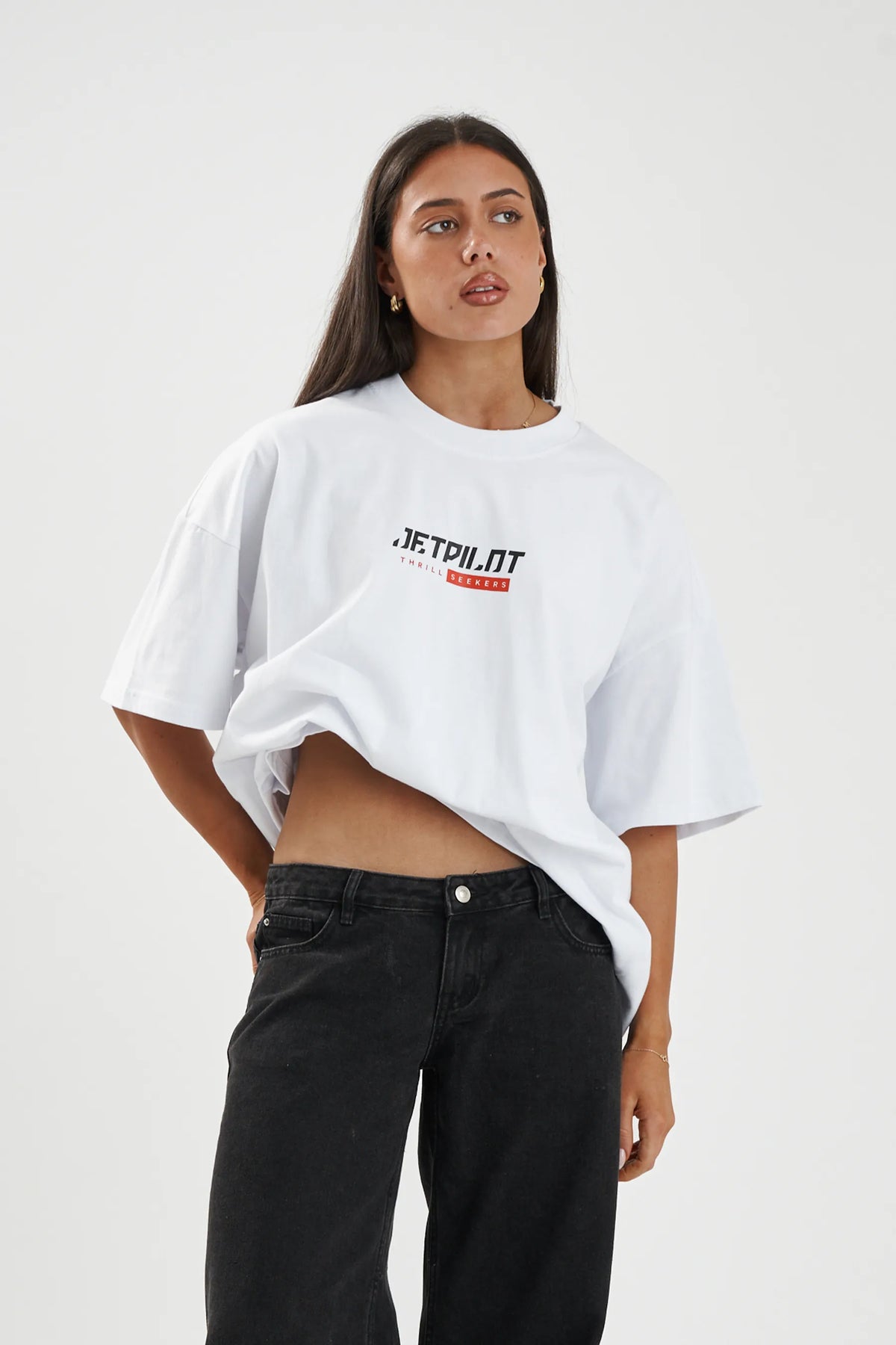 Jetpilot 86 Worldwide mens oversized graphic tee in White — front view on a female model