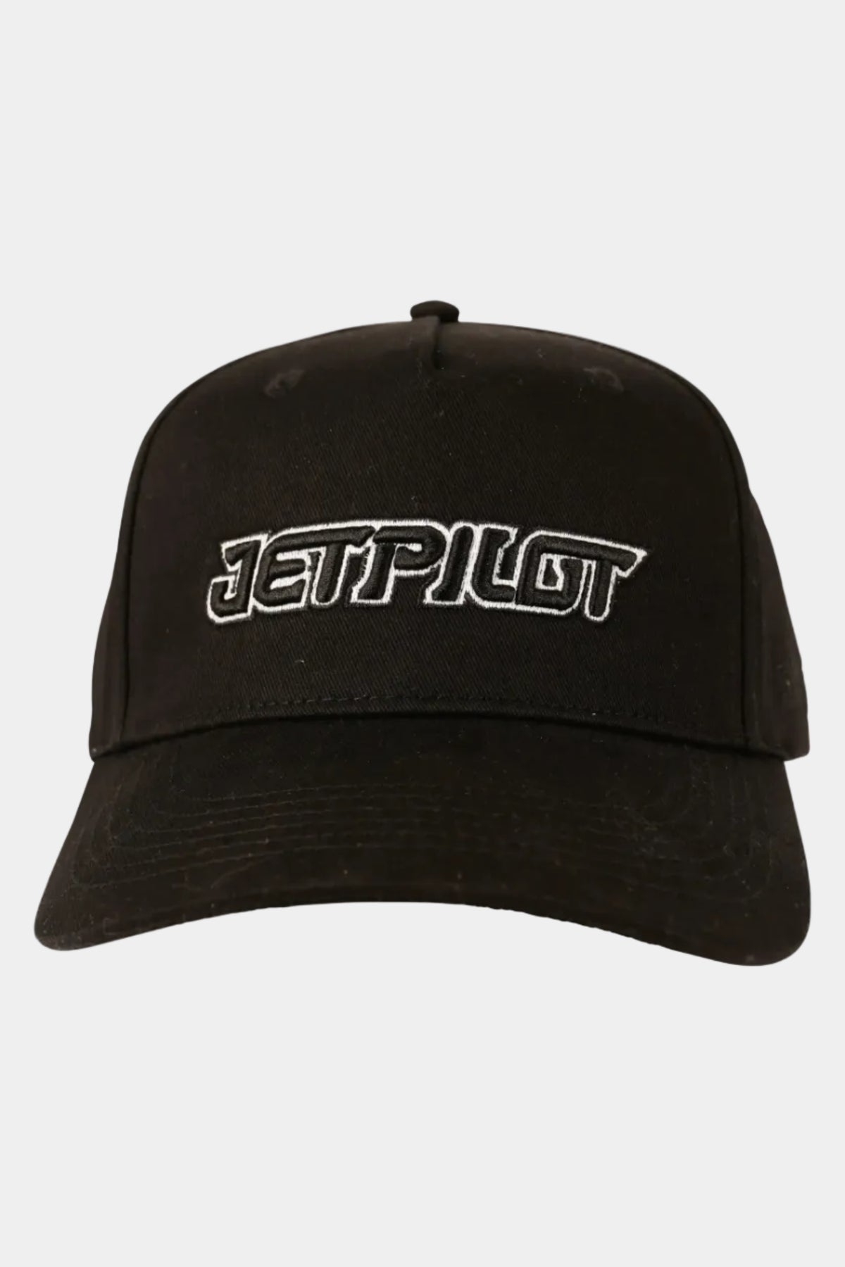 A black baseball cap featuring the word 'JETPILOT' embroidered in white outlined lettering across the front panels, set against a plain white background.