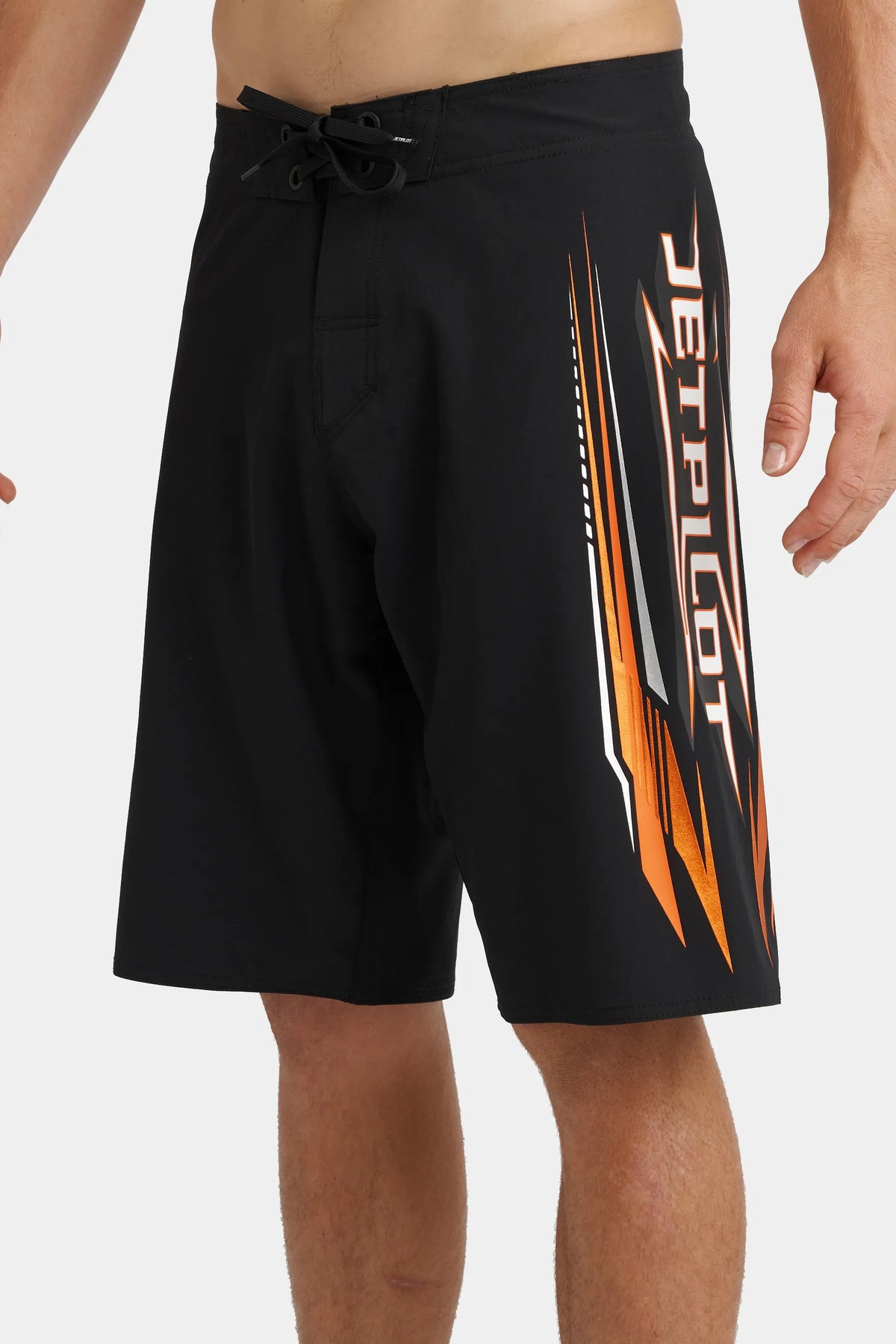 Jetpilot Velocity mens board shorts in Black — side view, close-up