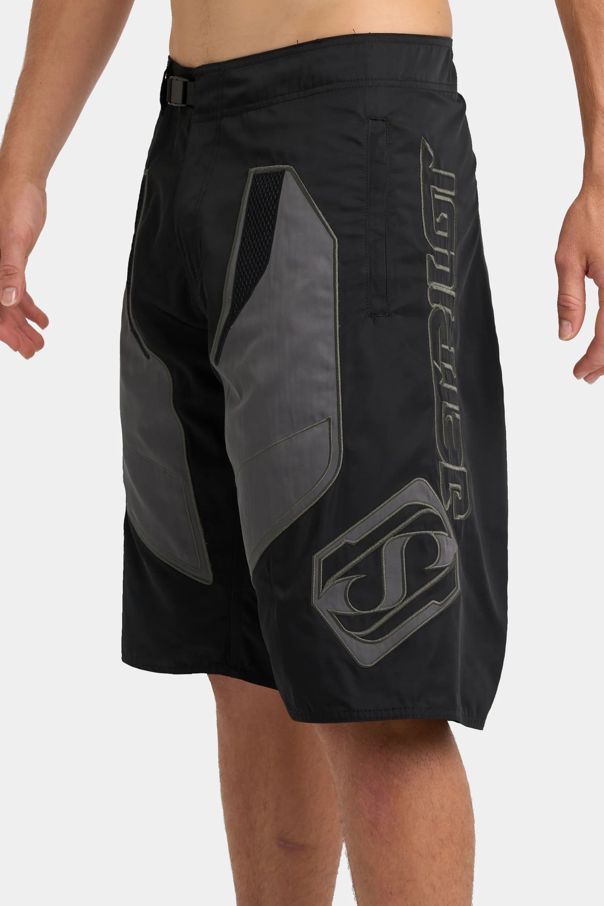 Jetpilot Vintage Moto mens board shorts in Black — side view, close-up