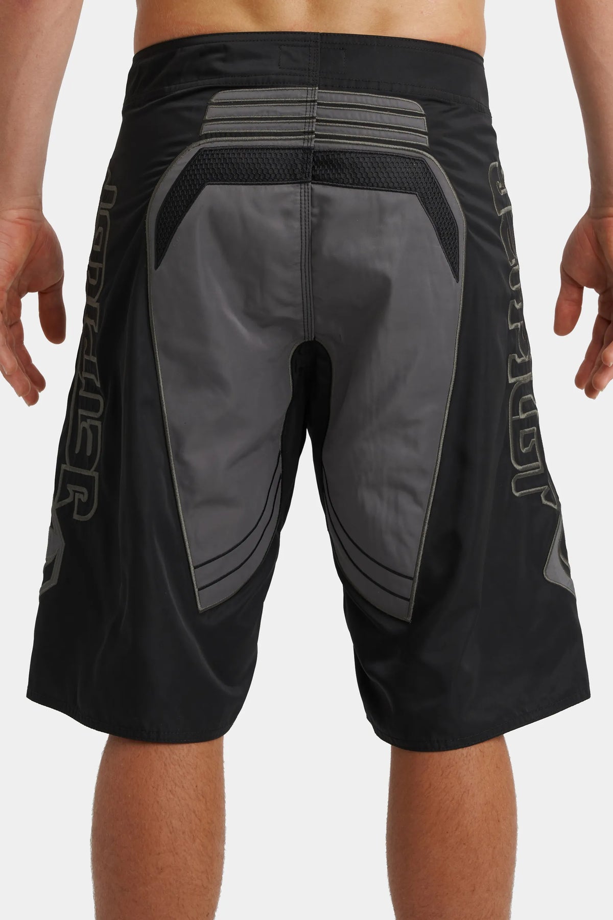 Jetpilot Vintage Moto mens board shorts in Black — back view, close-up