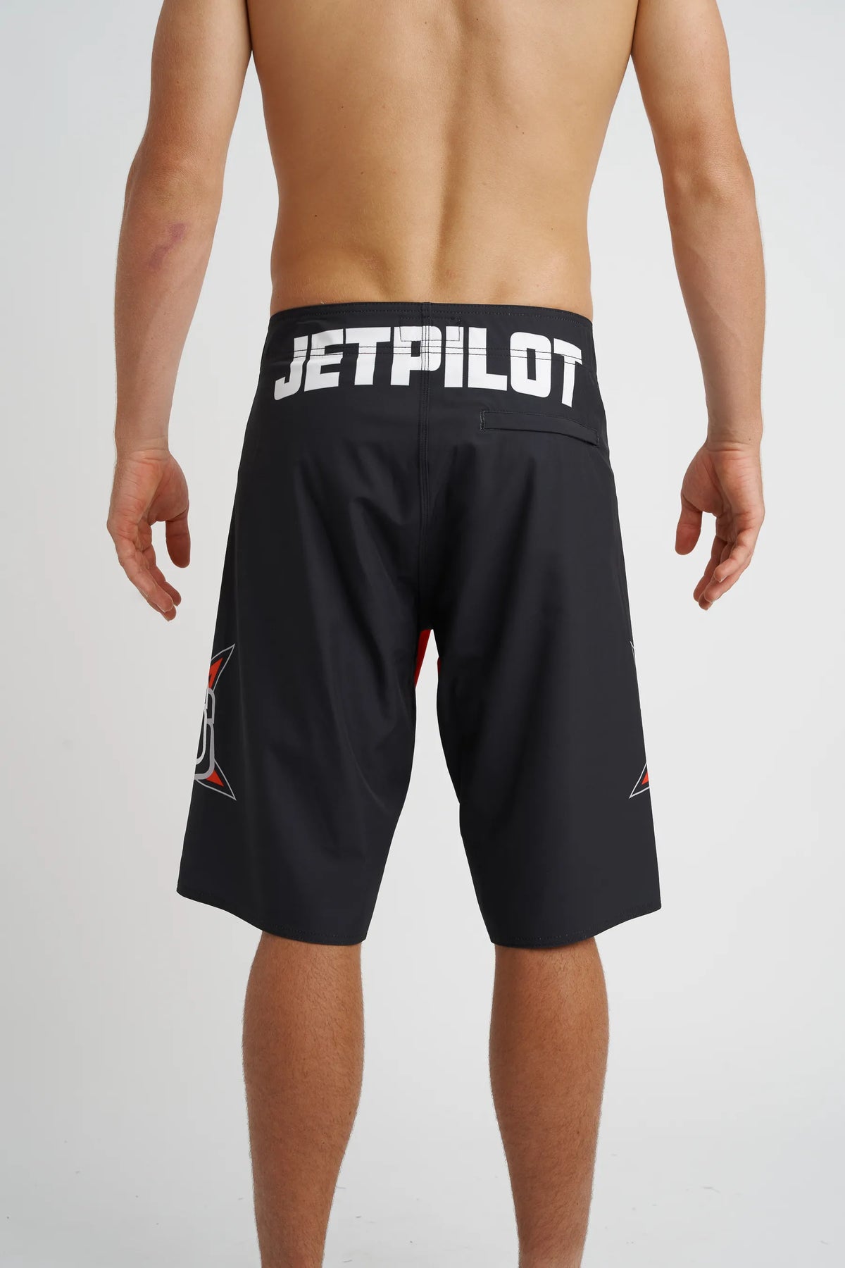 Jetpilot Race Fan mens board shorts in Red — back view