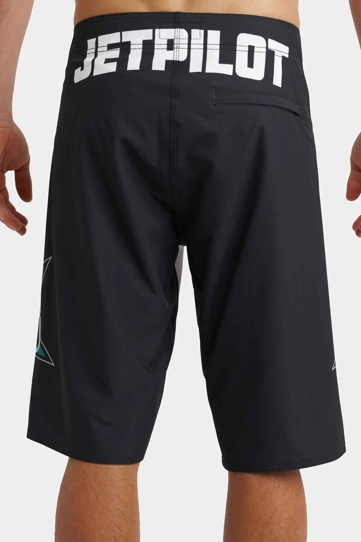 Jetpilot Race Fan mens board shorts in White — back view, close-up