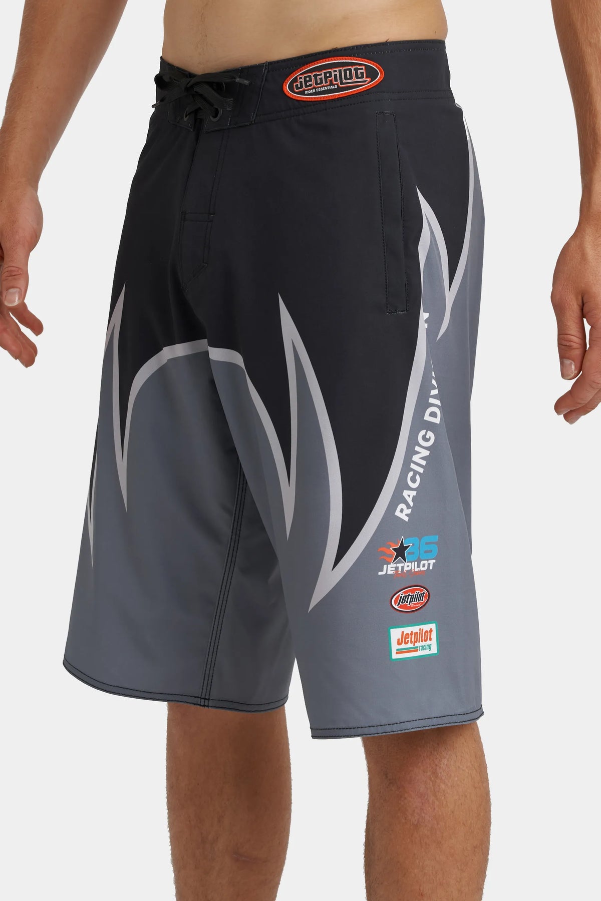 Jetpilot Winged mens board shorts in Grey — side view, close-up