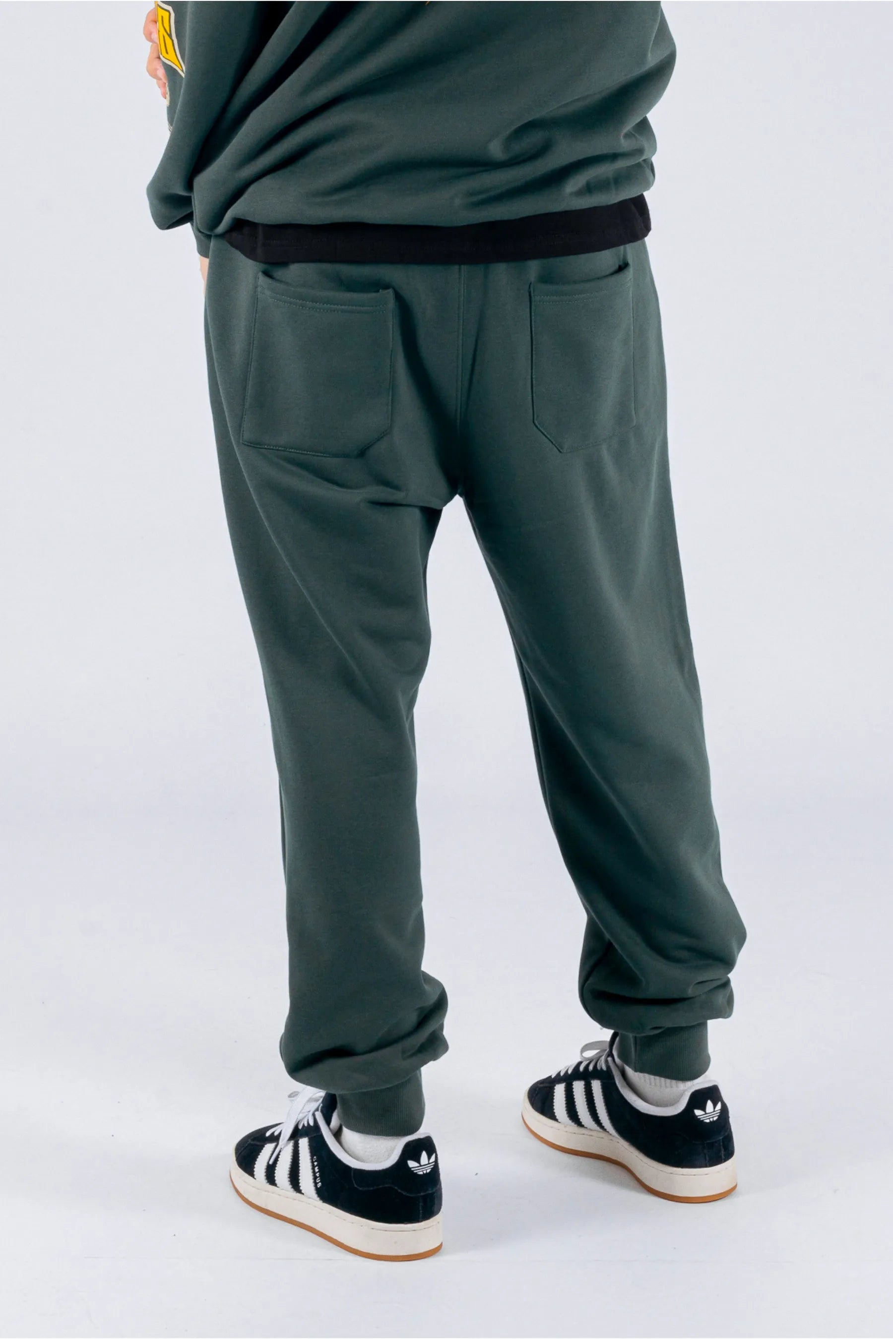Back view of a person wearing amazon green trackpants on a white background. — view 2 (3)
