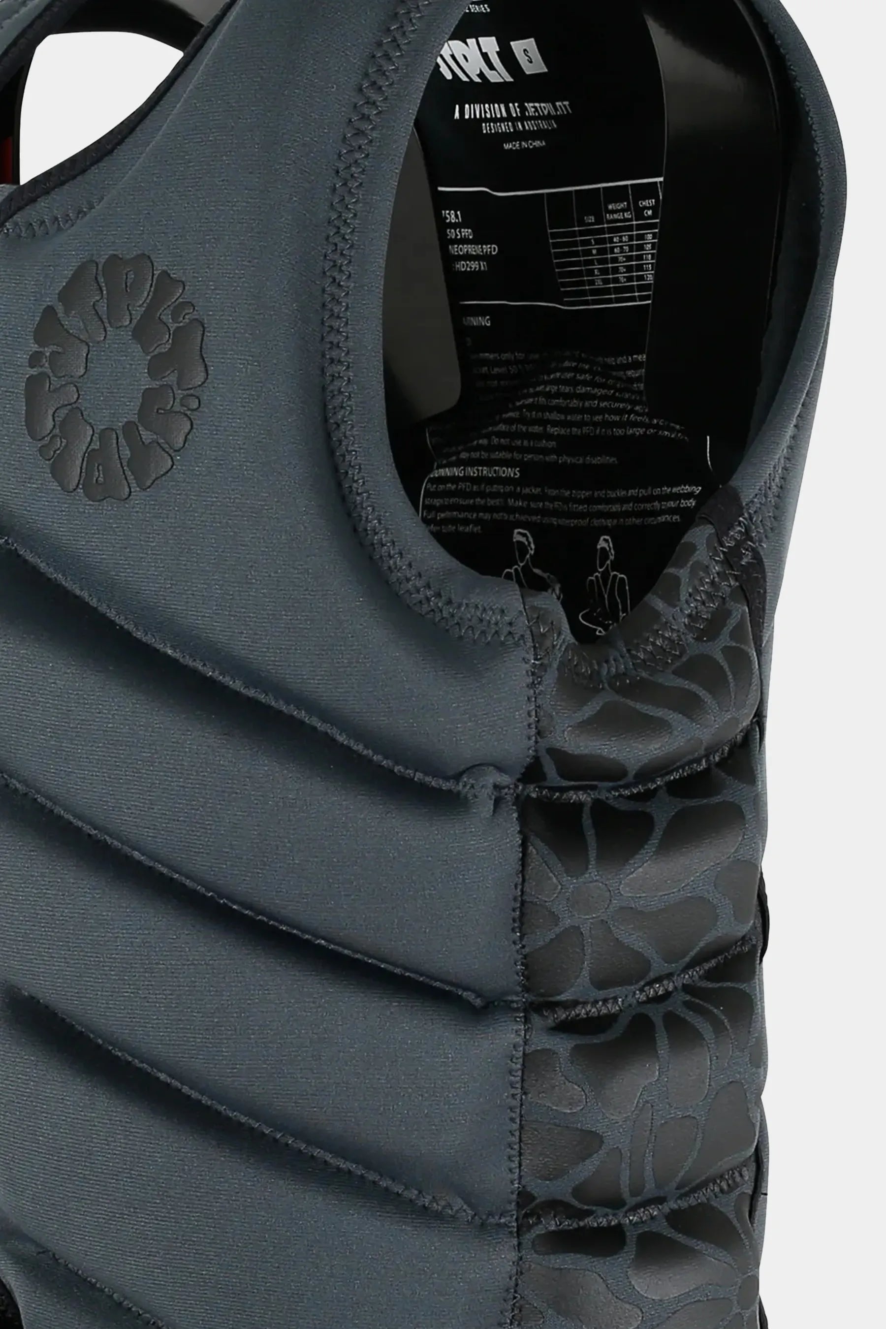 Upclose shot Jetpilot X1 Life Jacket - Bust Dunn Signature Series - Charcoal and text on a white background