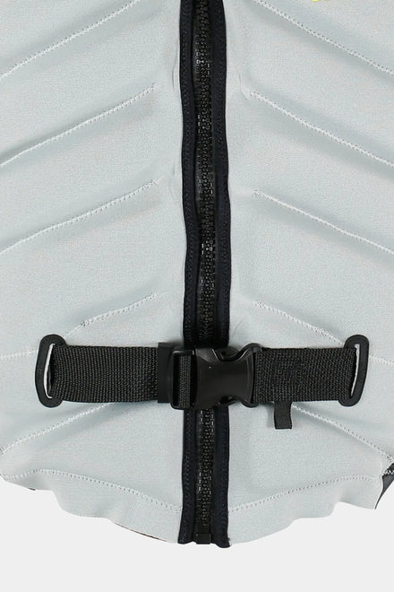 Jetpilot X1 Life Jacket - Busty Dunn Signature Series - Light Grey with a black strap and zipper on a light gray background —