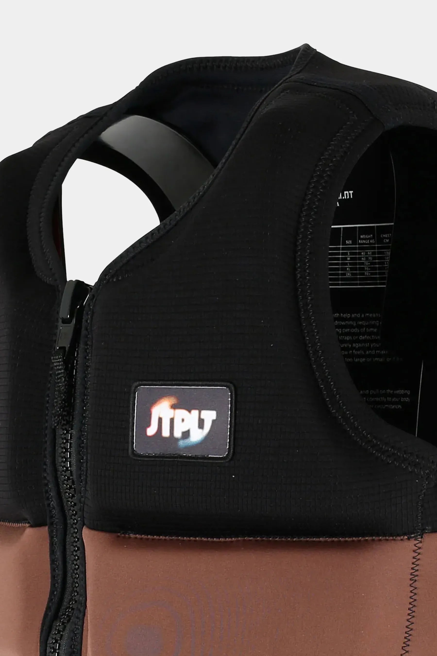 Black and brown life jacket with a visible brand logo on a white background