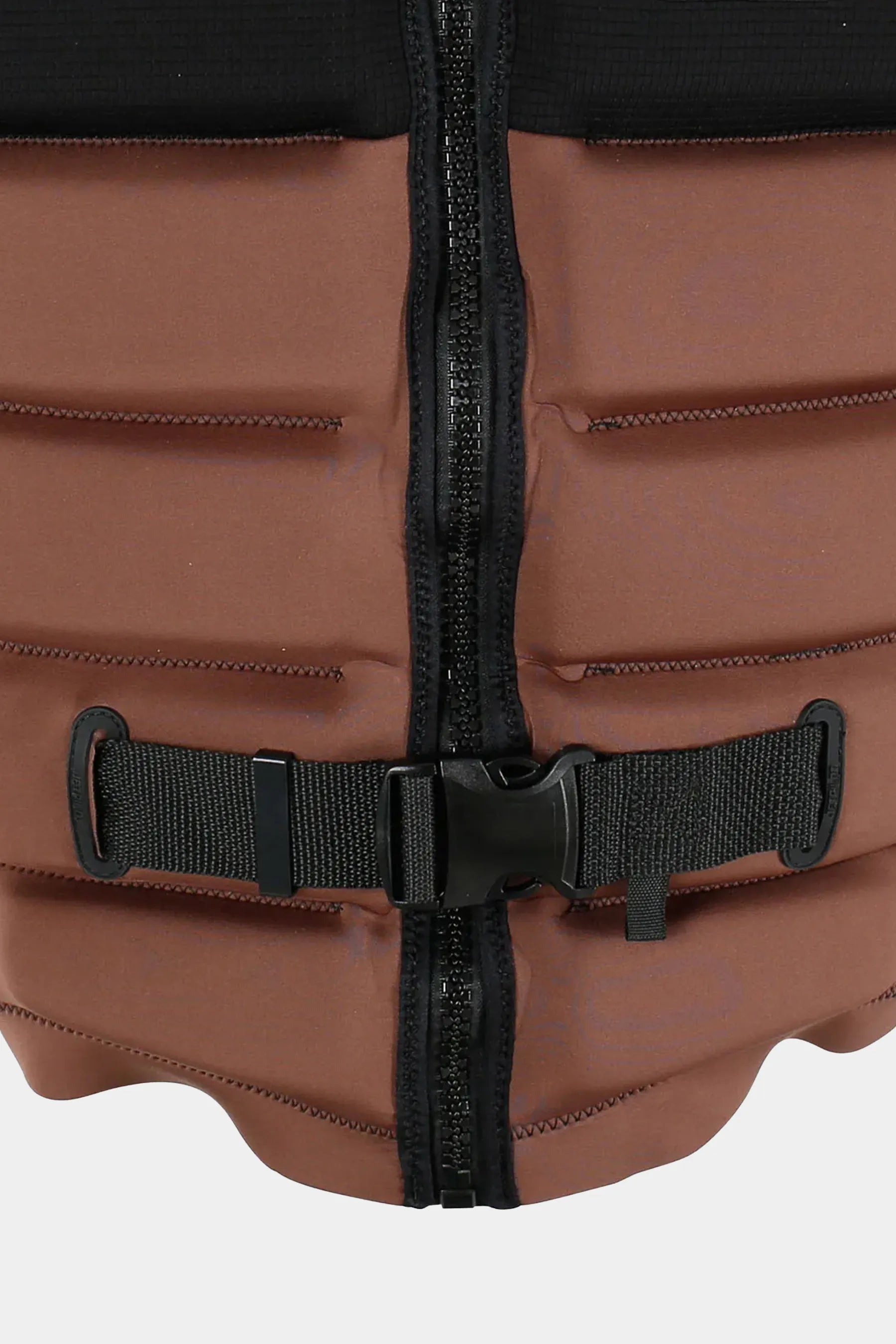 Close-up of a Jetpilot X1 Life Jacket - Felix Georgii Signature Series - Black/Brown with black zipper and straps on a white background