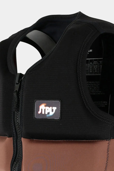 Black and brown life jacket with a visible brand logo on a white background