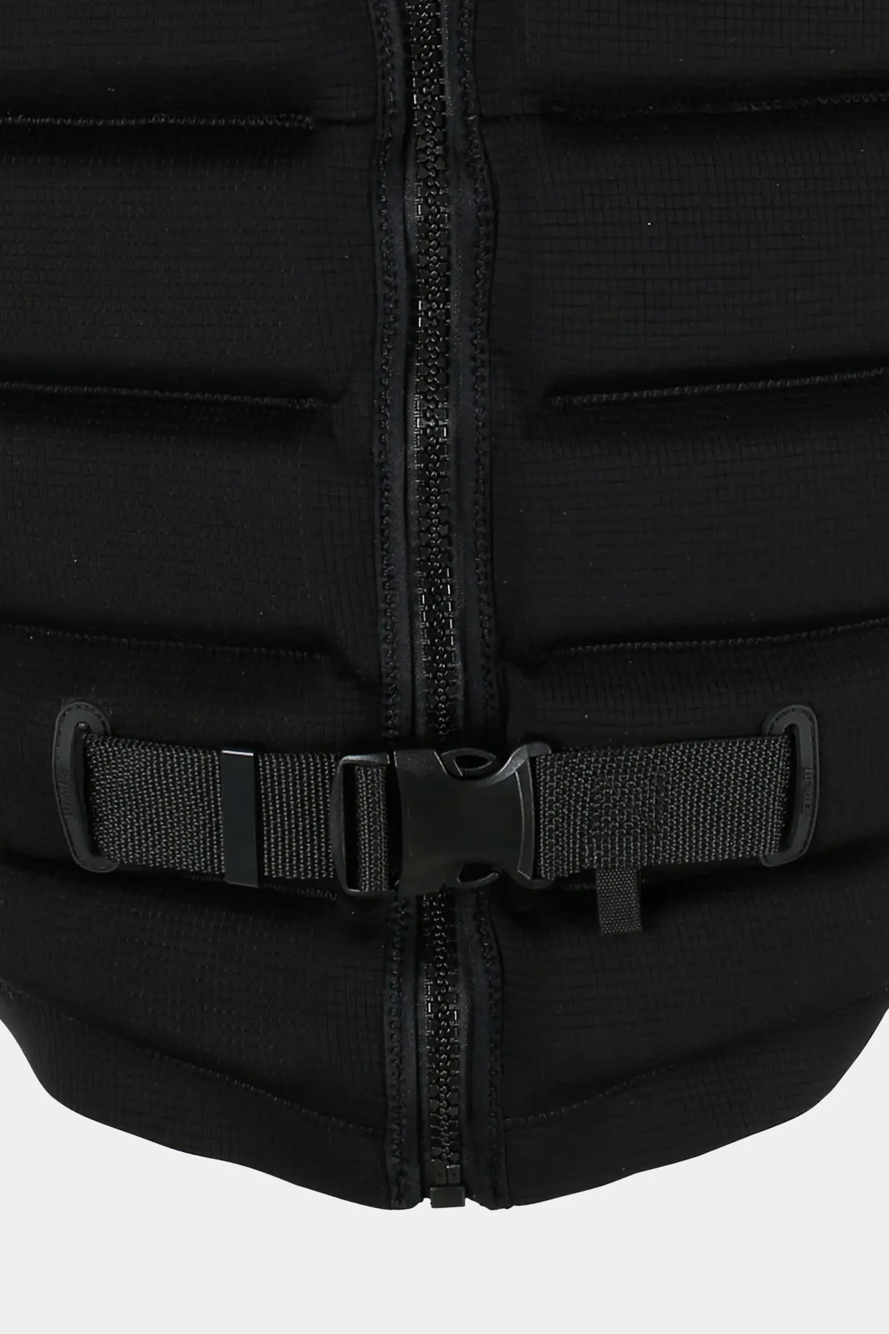 Close-up of a Jetpilot X1 Life Jacket - Felix Georgii Signature Series - Black with a zipper and buckle on a white background