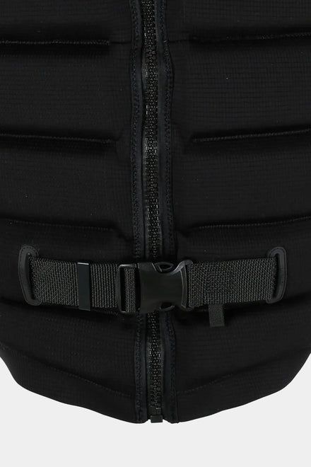Close-up of a Jetpilot X1 Life Jacket - Felix Georgii Signature Series - Black with a zipper and buckle on a white background