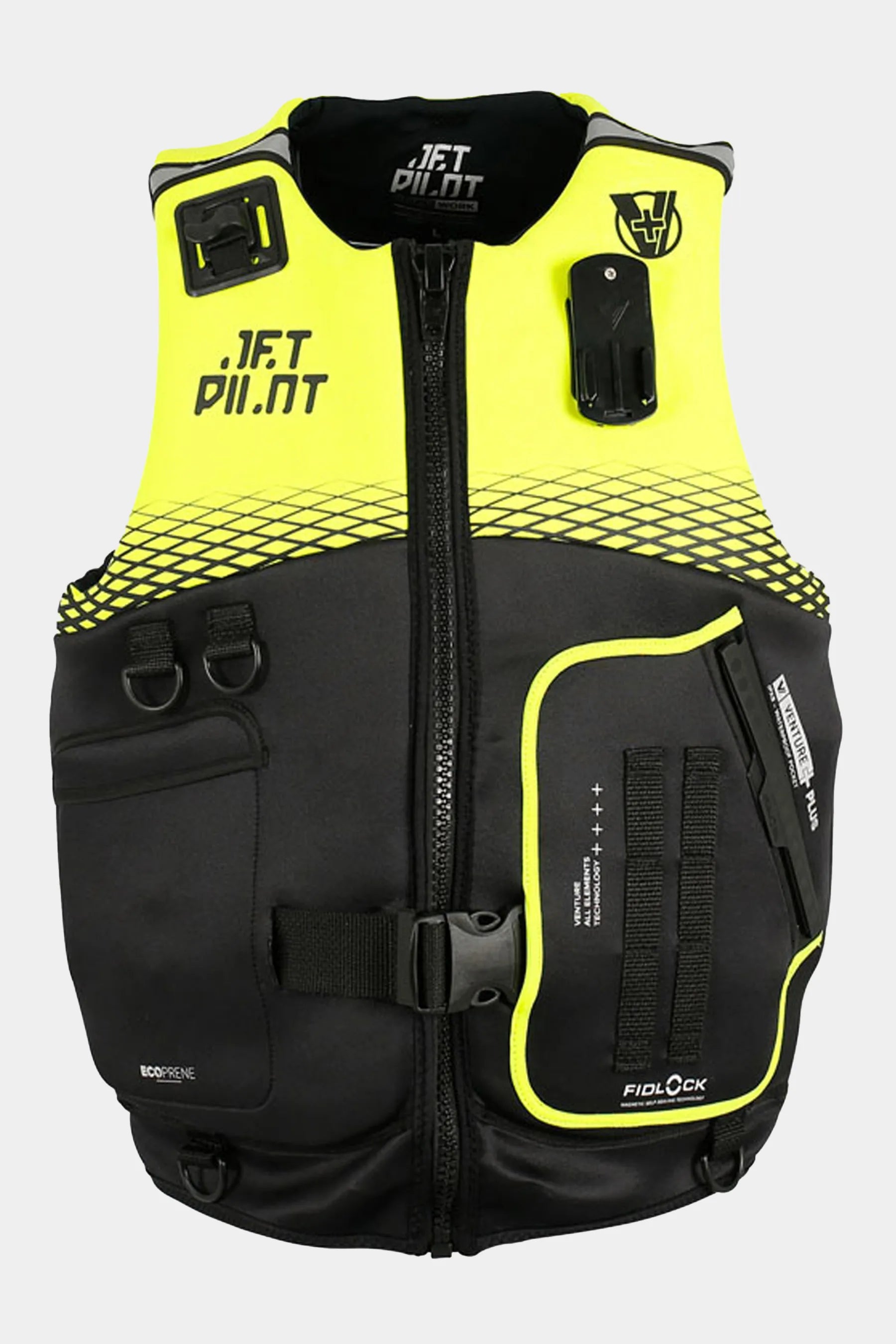 Black and yellow Jetpilot Venture Plus Life Jacket with visible branding on a white background