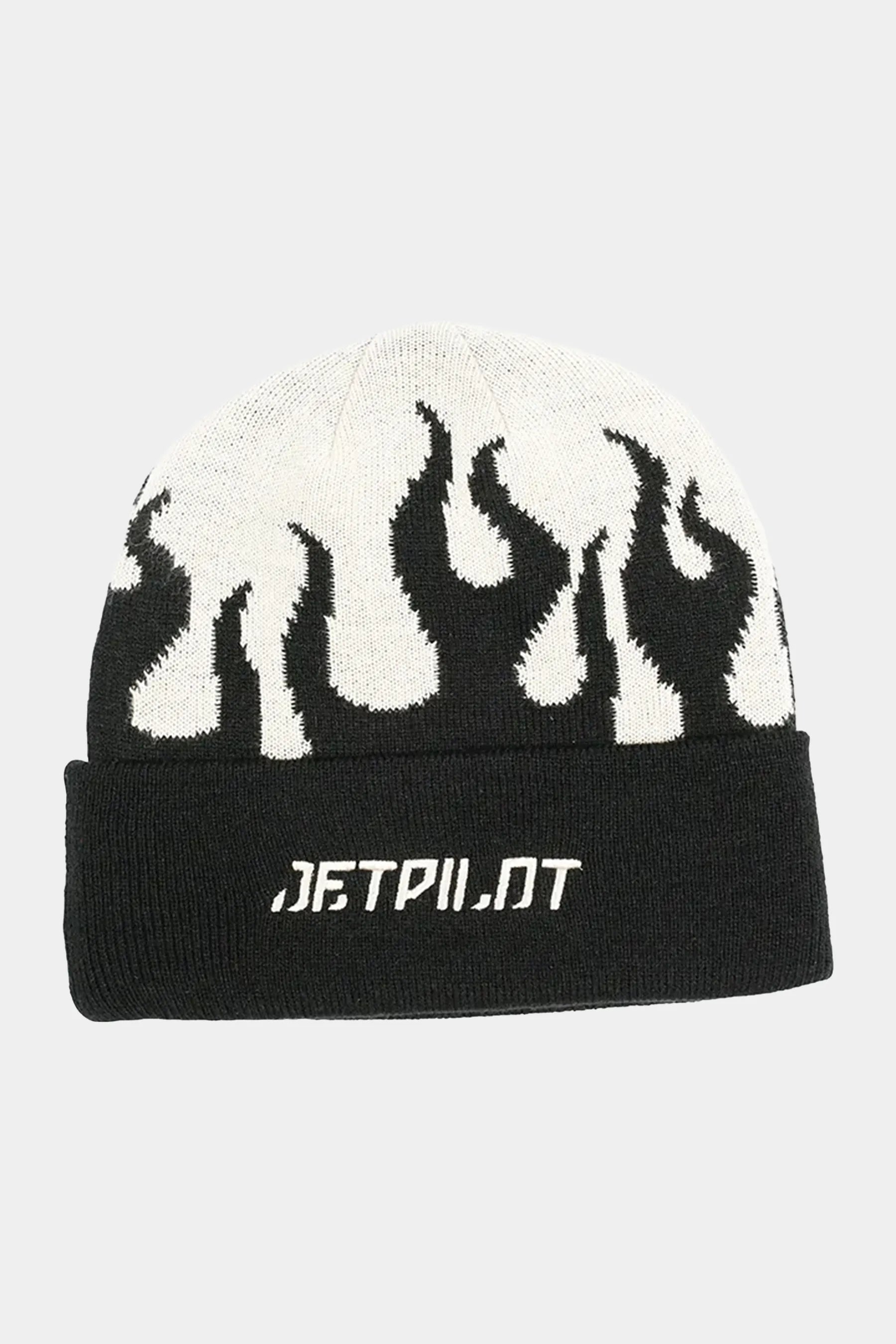 Black and white beanie with flame pattern and 'Jetpilot' text on a light grey background — image 2