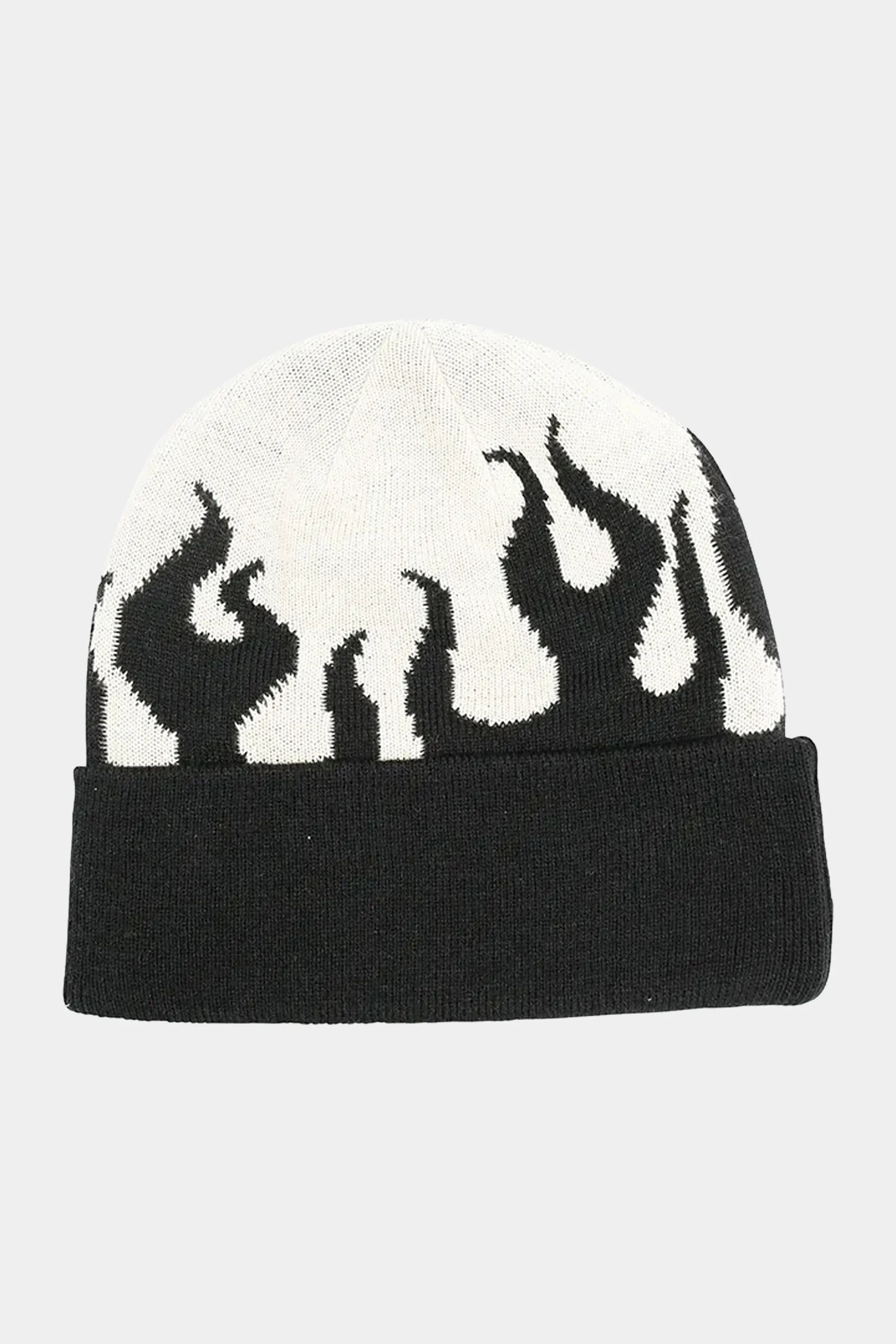 Black and white flame-patterned beanie on a light grey background — image 2