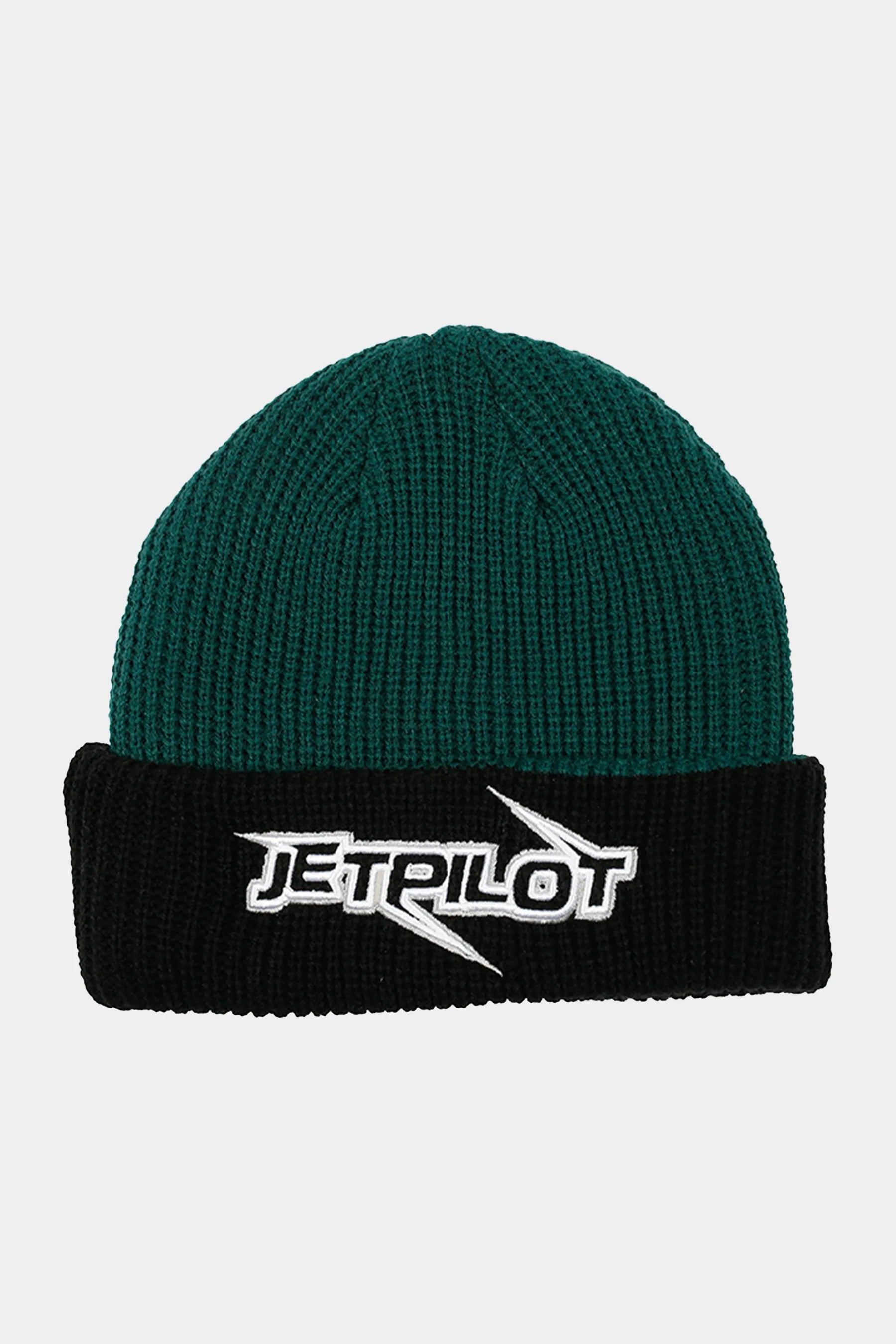 Green and black beanie with Jetpilot logo on a light gray background — image 2