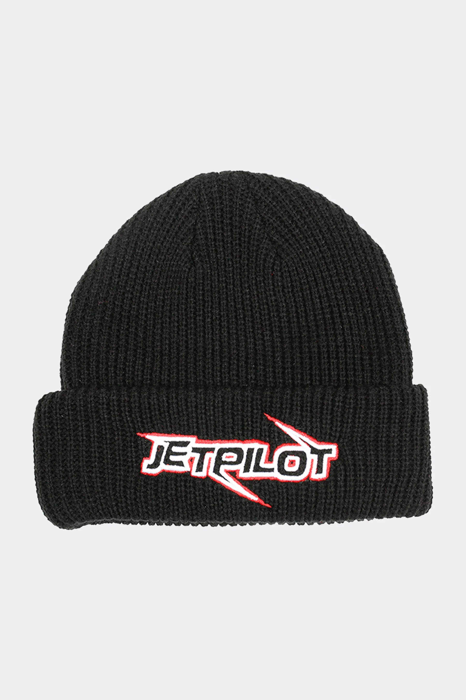Black beanie with JetPilot logo on a light gray background — image 2