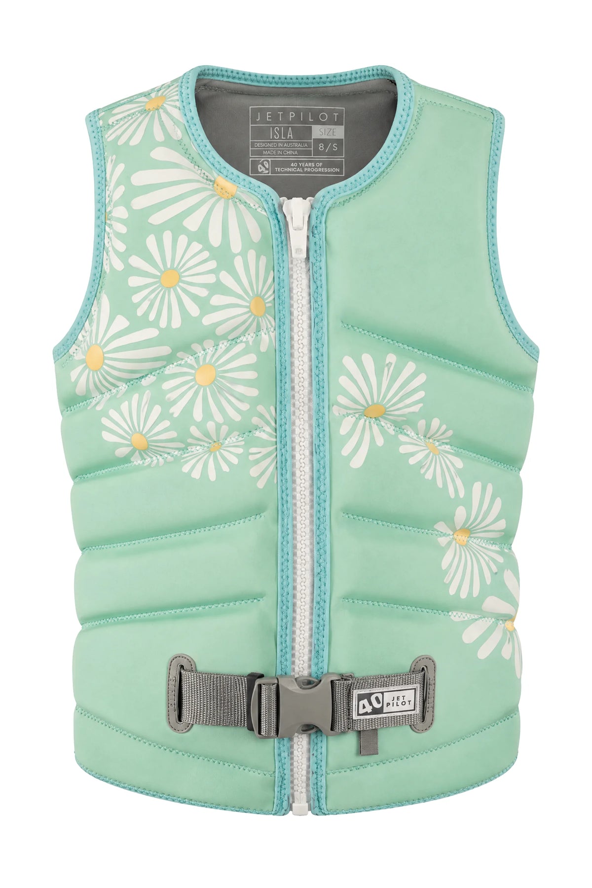 Jetpilot Isla wakeboard life jacket in Teal, front view with white daisies, white zip and 40 tab on the grey buckle