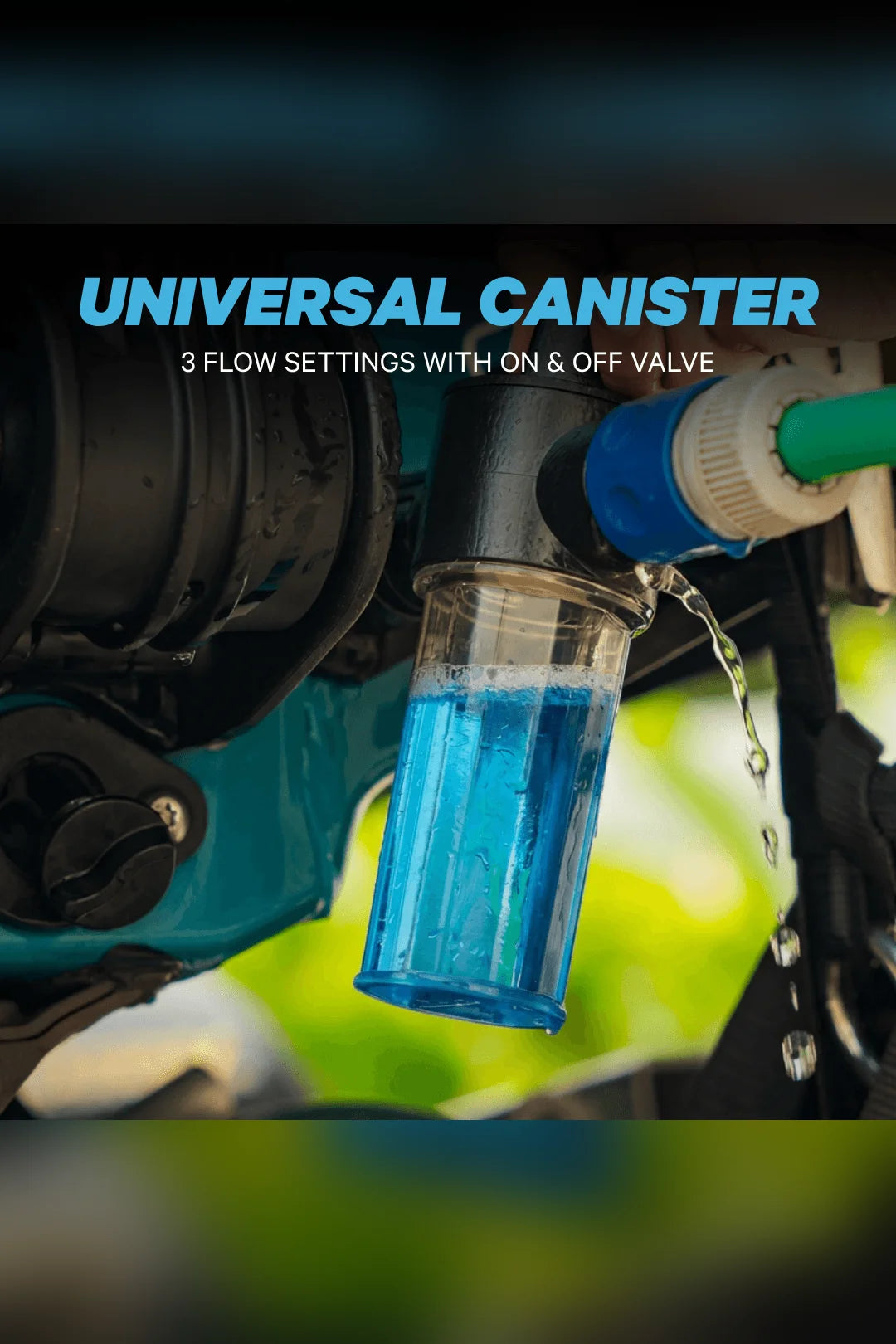 Salty Hero Universal Flush Canister filled with blue Engine Flush, with three flow settings and an on and off valve