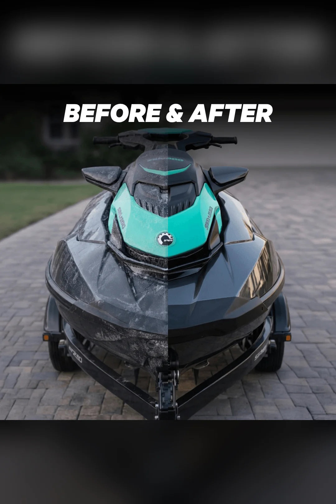 Before and after Salty Hero Salt Wash on a jet ski, salt-dulled side next to the washed glossy side