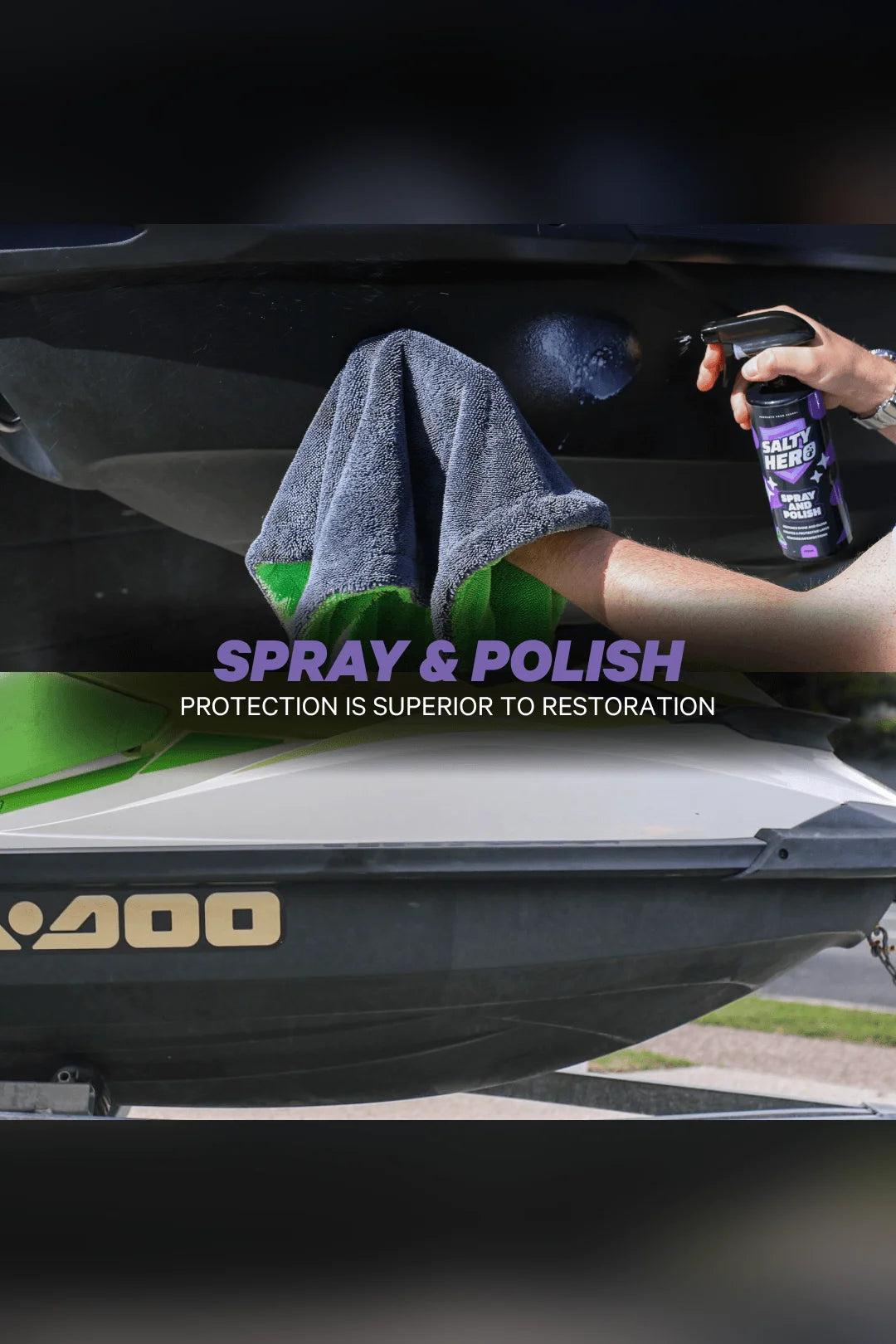 Salty Hero Spray and Polish sprayed on a jet ski hull and wiped with a microfibre towel